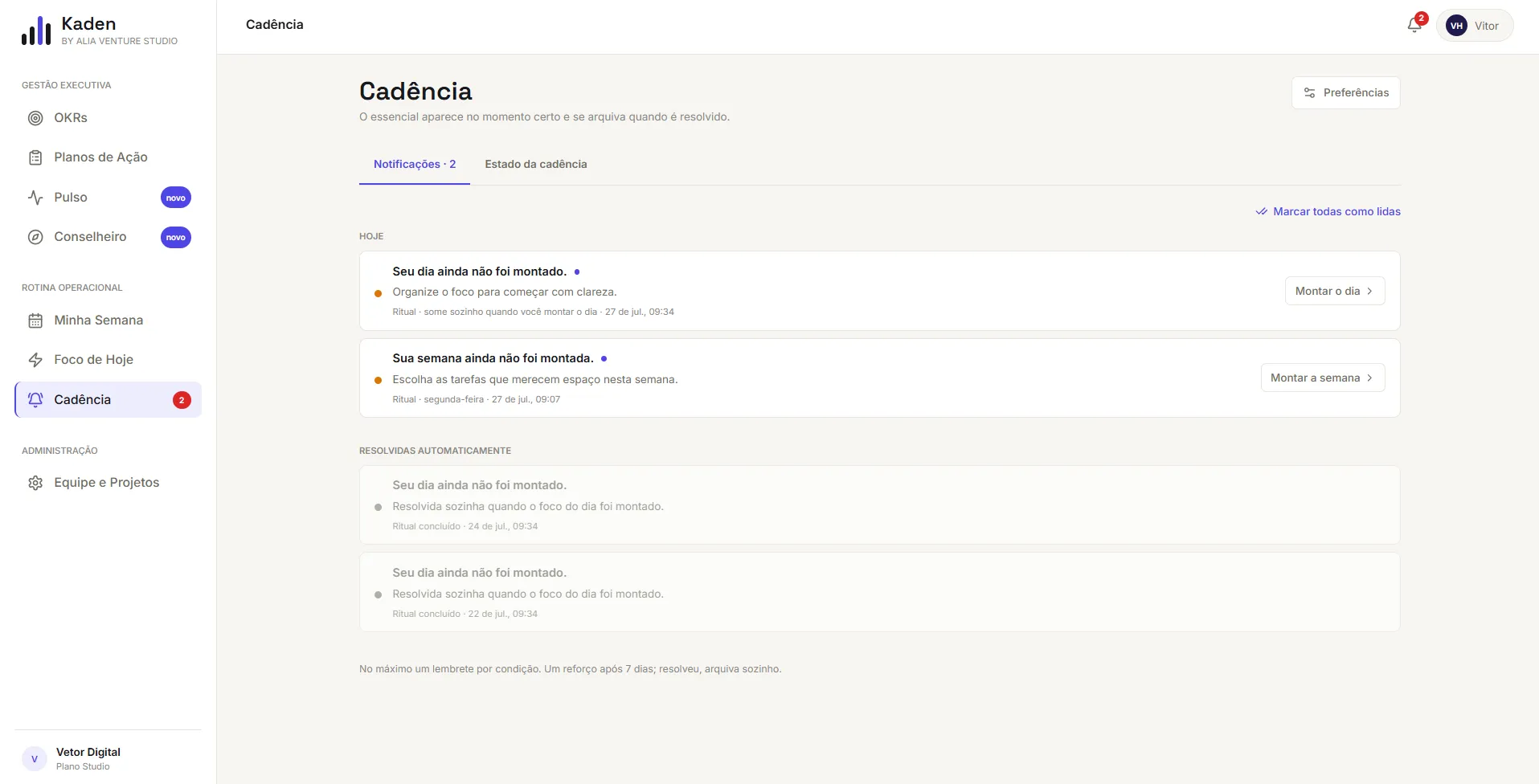 Tela de notificações da Kaden